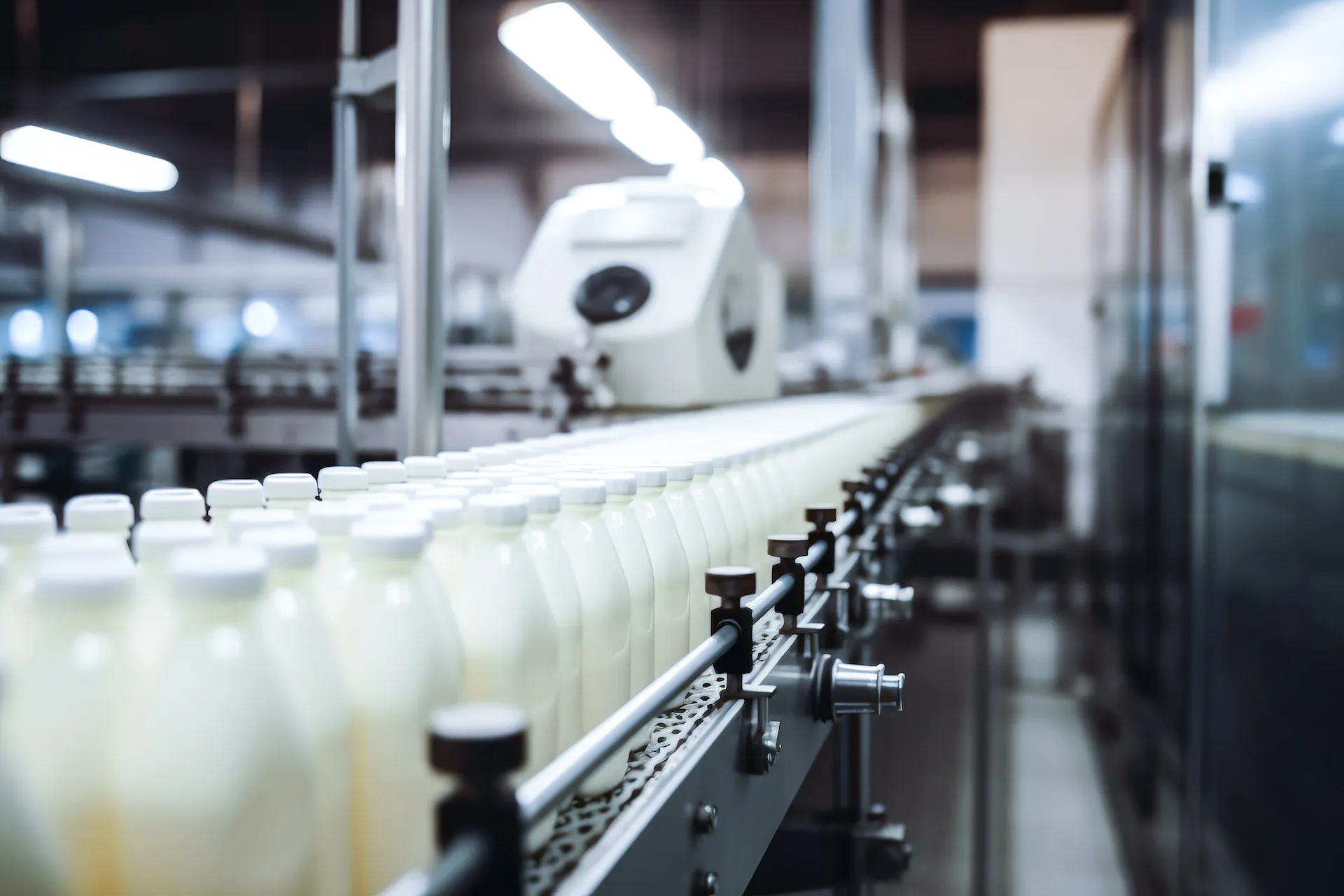 Dairy bottles on a production line